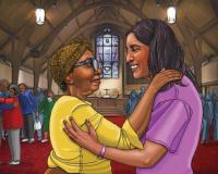 Elderly African American woman and younger woman smile and embrace in their church.